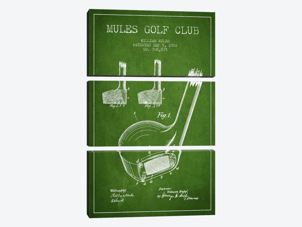 Mules Golf Club Green Patent Blueprint by Aged Pixel 3-piece Canvas Artwork