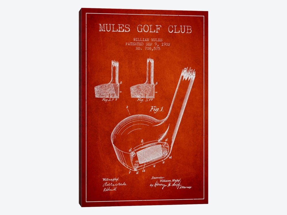 Mules Golf Club Red Patent Blueprint by Aged Pixel 1-piece Canvas Art