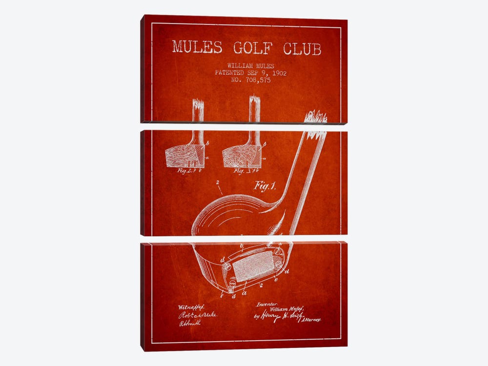 Mules Golf Club Red Patent Blueprint by Aged Pixel 3-piece Canvas Artwork