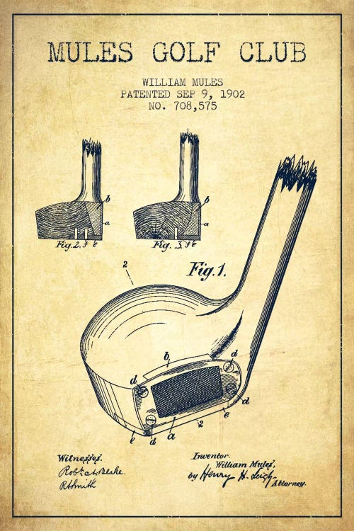 Mules Golf Club Vintage Patent Blueprint