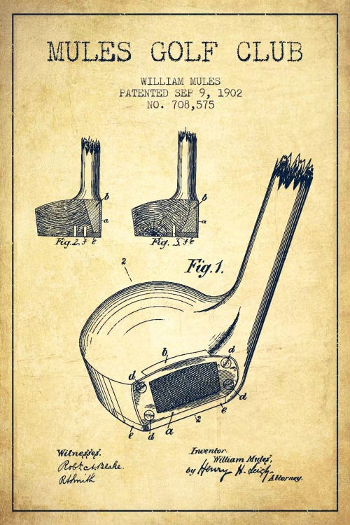 Mules Golf Club Vintage Patent Blueprint by Aged Pixel wall art