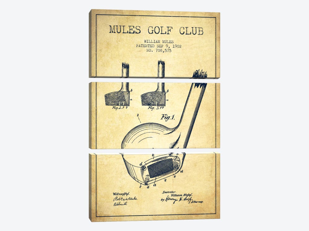 Mules Golf Club Vintage Patent Blueprint by Aged Pixel 3-piece Art Print