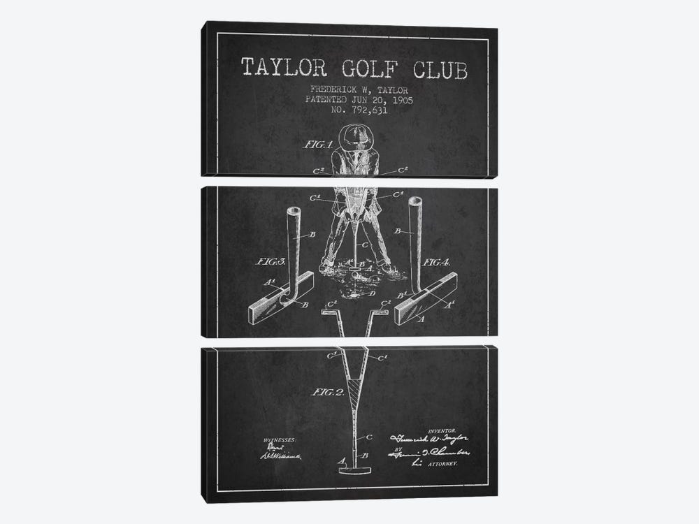 Taylor Golf Club Charcoal Patent Blueprint by Aged Pixel 3-piece Canvas Print