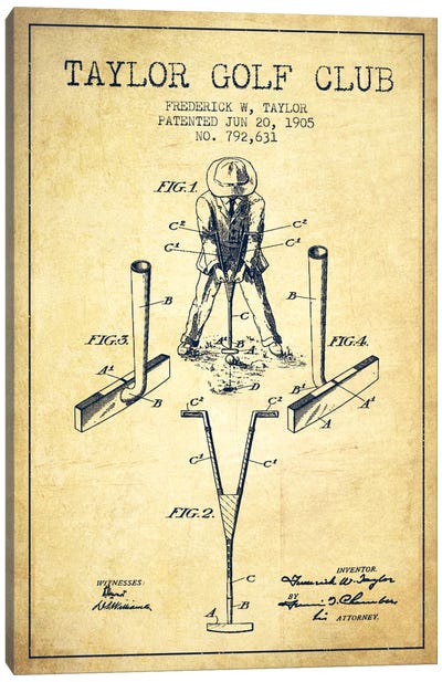 Taylor Golf Club Vintage Patent Blueprint Canvas Art Print - Golf Art