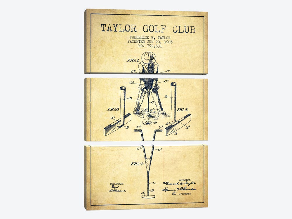 Taylor Golf Club Vintage Patent Blueprint by Aged Pixel 3-piece Canvas Art Print