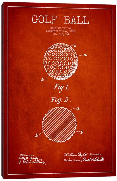 Golf Ball Red Patent Blueprint Canvas Art Print - Sports Blueprints