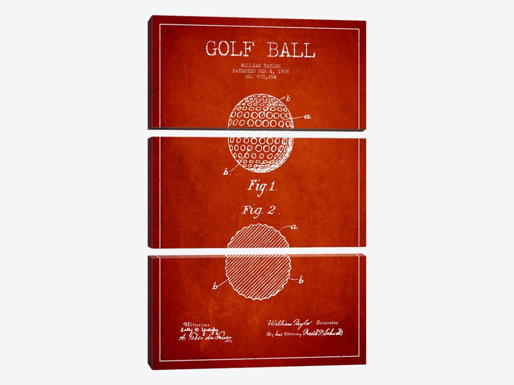 Golf Ball Red Patent Blueprint by Aged Pixel 3-piece Art Print