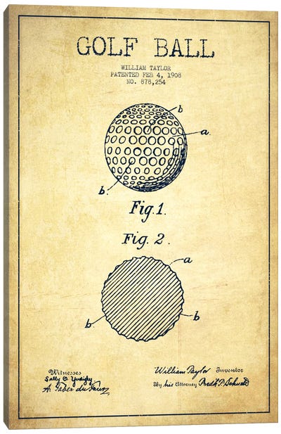 Golf Ball Vintage Patent Blueprint Canvas Art Print - Aged Pixel: Sports