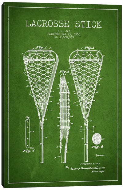 Lacrosse Stick Green Patent Blueprint Canvas Art Print - Lacrosse Art