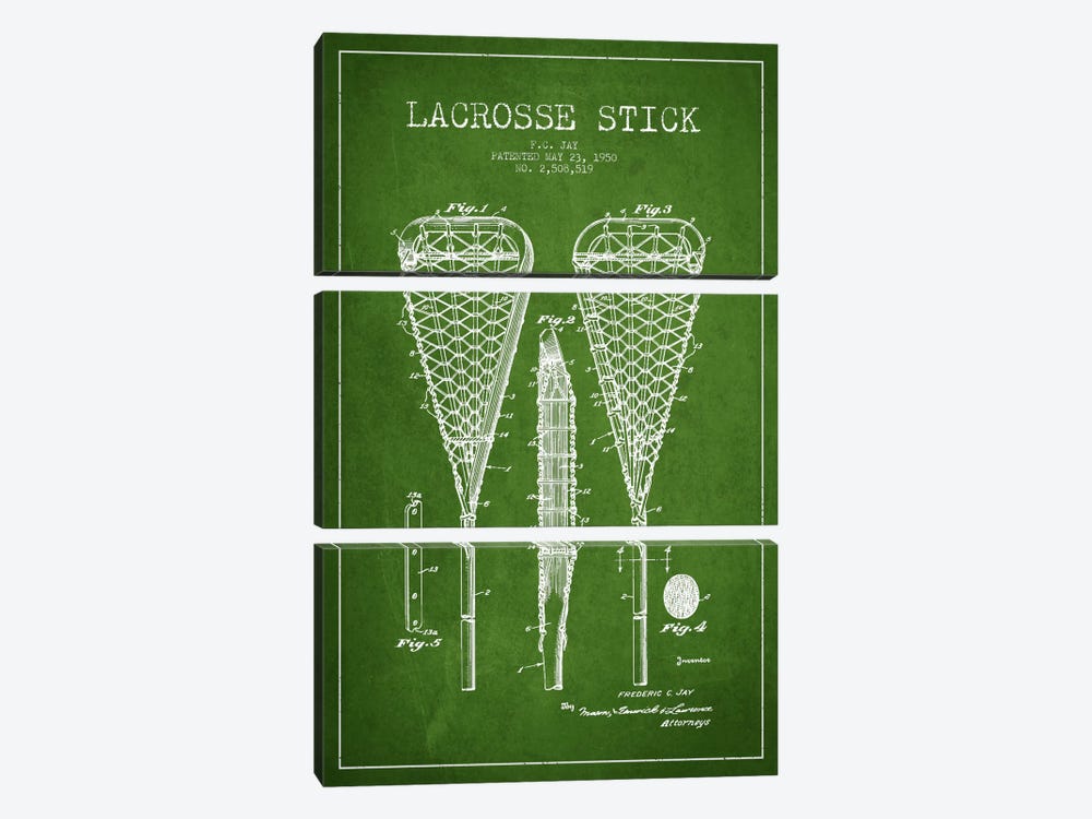 Lacrosse Stick Green Patent Blueprint by Aged Pixel 3-piece Art Print