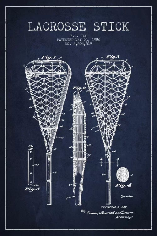 Lacrosse Stick Navy Blue Patent Blueprint by Aged Pixel wall art