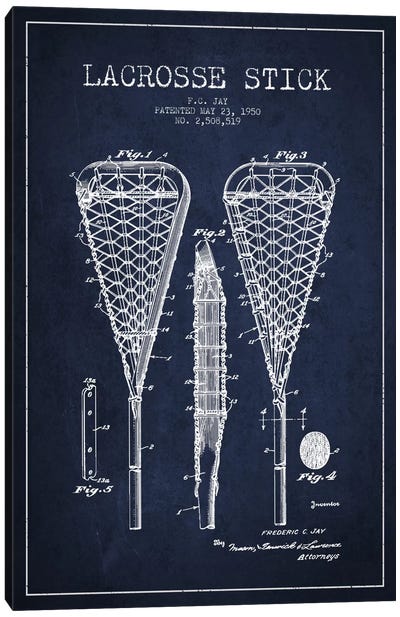 Lacrosse Stick Navy Blue Patent Blueprint Canvas Art Print - Sports Fanatics