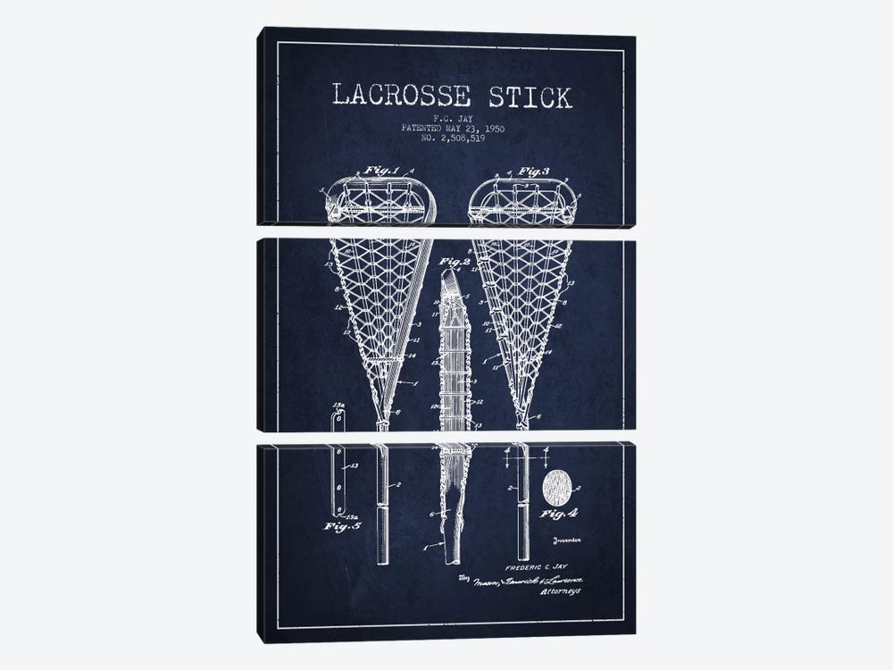 Lacrosse Stick Navy Blue Patent Blueprint by Aged Pixel 3-piece Canvas Art