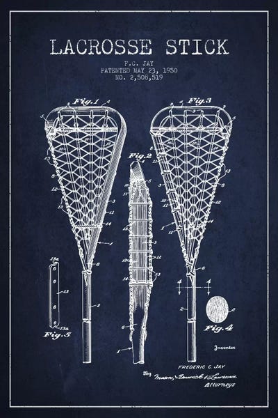 Kids Sports Art: Lacrosse Stick Navy Blue Patent Blueprint by Aged Pixel