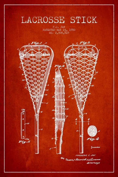 Lacrosse Stick Red Patent Blueprint by Aged Pixel wall art