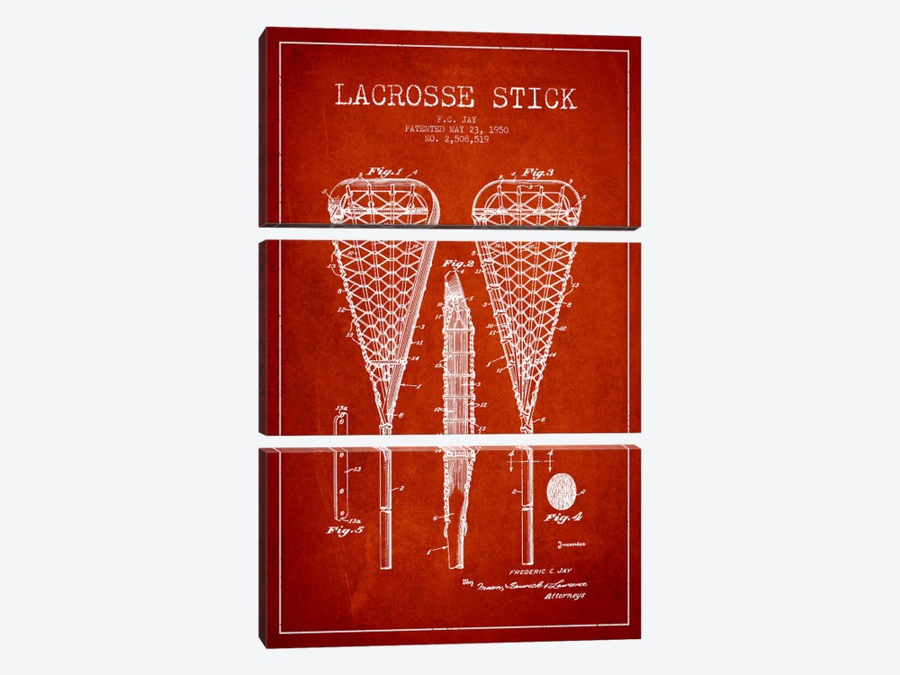 Lacrosse Stick Red Patent Blueprint by Aged Pixel 3-piece Canvas Print