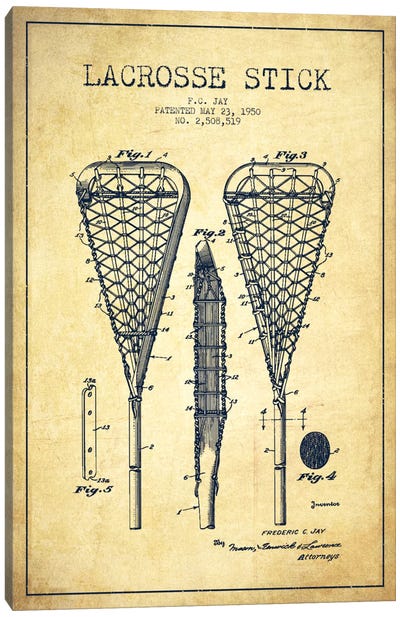 Lacrosse Stick Vintage Patent Blueprint Canvas Art Print - Aged Pixel