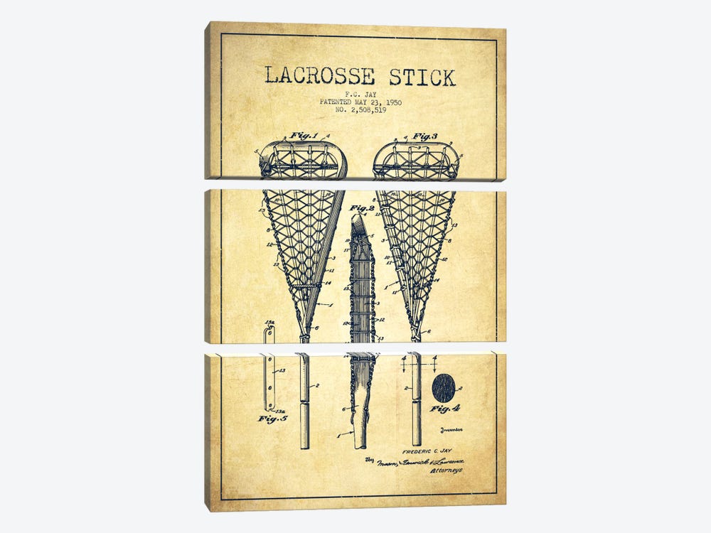 Lacrosse Stick Vintage Patent Blueprint by Aged Pixel 3-piece Canvas Wall Art