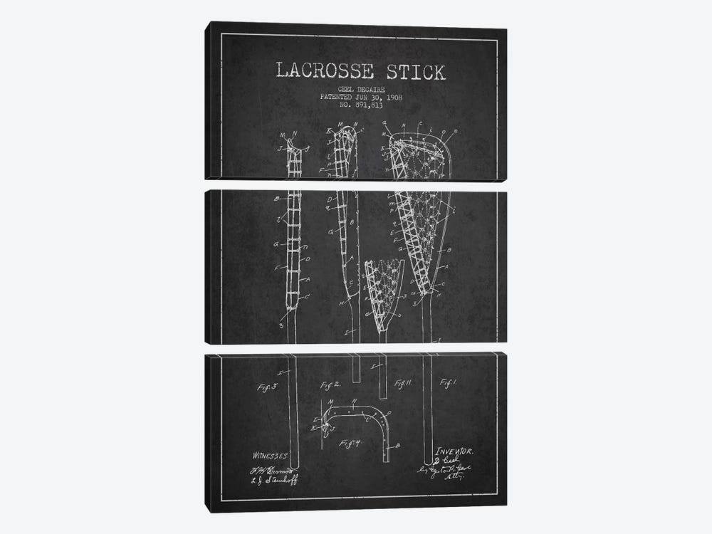 Lacrosse Stick Charcoal Patent Blueprint by Aged Pixel 3-piece Canvas Print