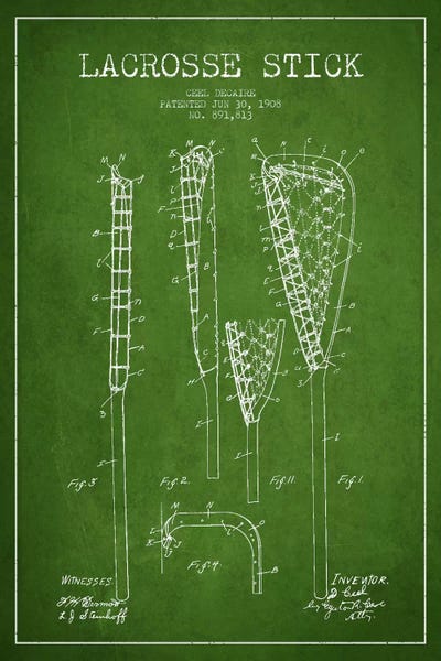 Lacrosse Stick Green Patent Blueprint by Aged Pixel art print