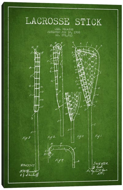 Lacrosse Stick Green Patent Blueprint Canvas Art Print - Lacrosse