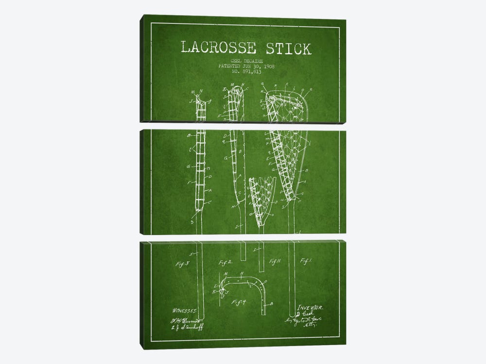 Lacrosse Stick Green Patent Blueprint by Aged Pixel 3-piece Canvas Wall Art
