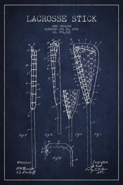 Lacrosse Stick Navy Blue Patent Blueprint by Aged Pixel art print
