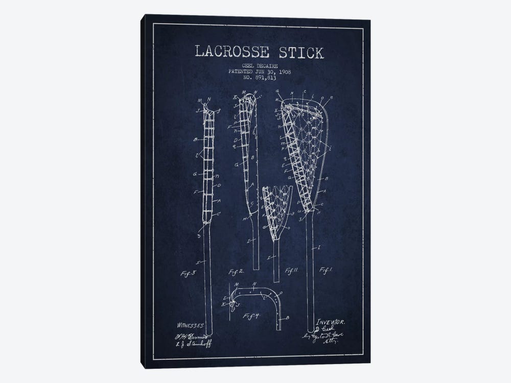 Lacrosse Stick Navy Blue Patent Blueprint by Aged Pixel 1-piece Art Print
