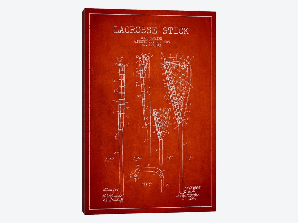 Lacrosse Stick Red Patent Blueprint by Aged Pixel 1-piece Canvas Artwork