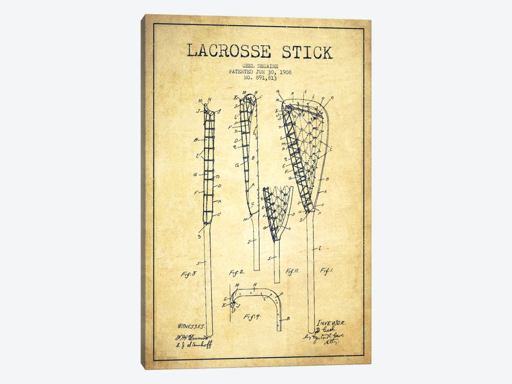 Lacrosse Stick Vintage Patent Blueprint by Aged Pixel 1-piece Canvas Art Print