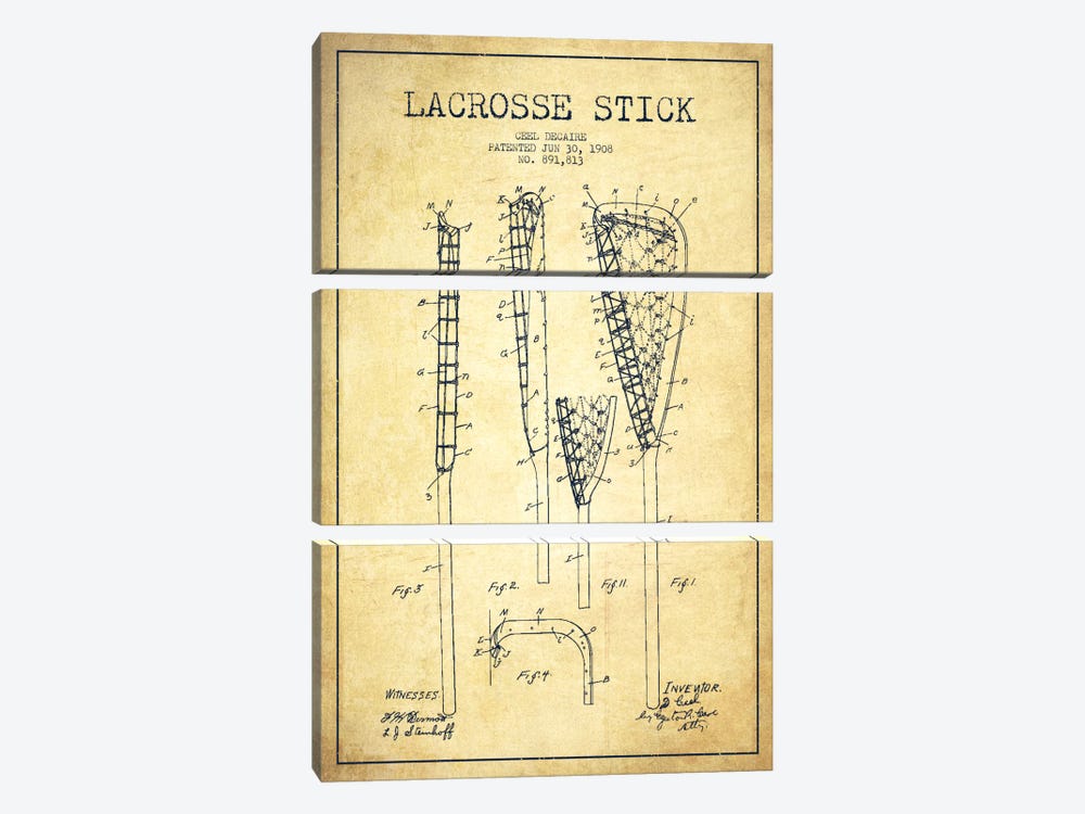 Lacrosse Stick Vintage Patent Blueprint by Aged Pixel 3-piece Art Print