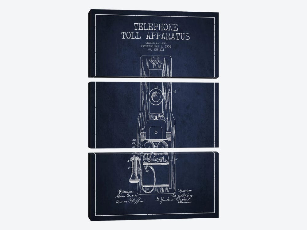 Long Telephone Toll Blue Patent Blueprint by Aged Pixel 3-piece Canvas Artwork