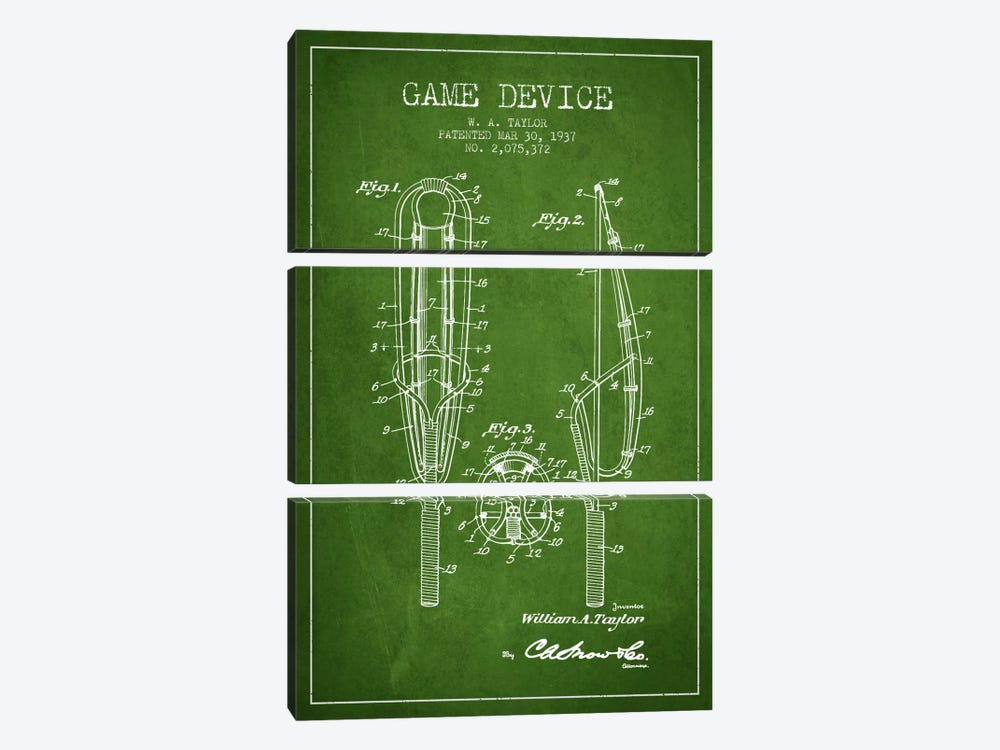 Game Device Green Patent Blueprint by Aged Pixel 3-piece Canvas Art