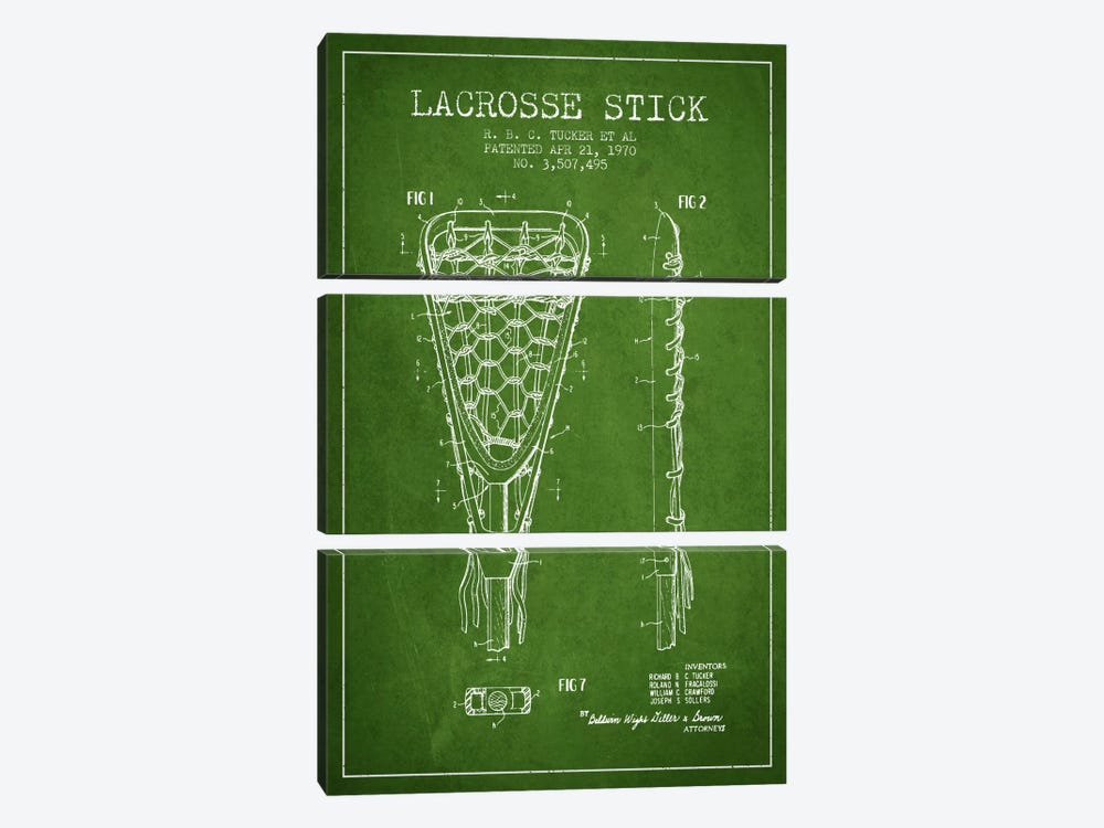 Lacrosse Stick Green Patent Blueprint by Aged Pixel 3-piece Canvas Print