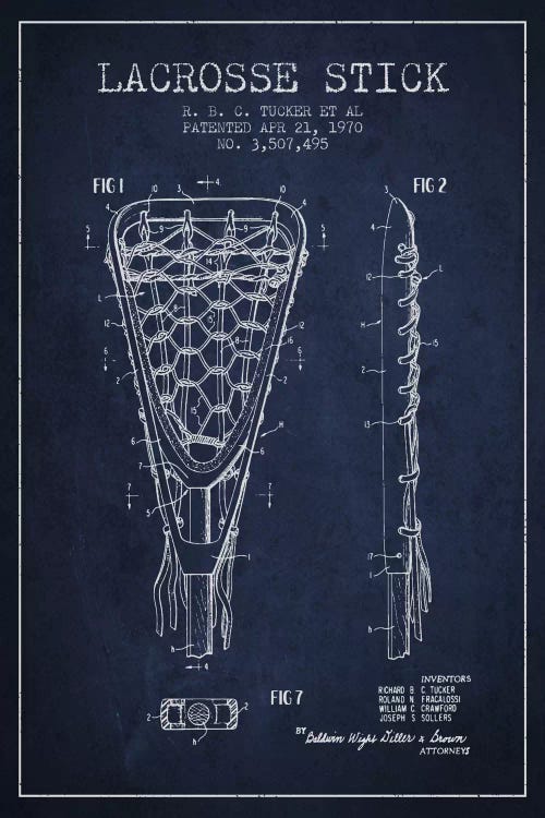 Lacrosse Stick Navy Blue Patent Blueprint by Aged Pixel wall art