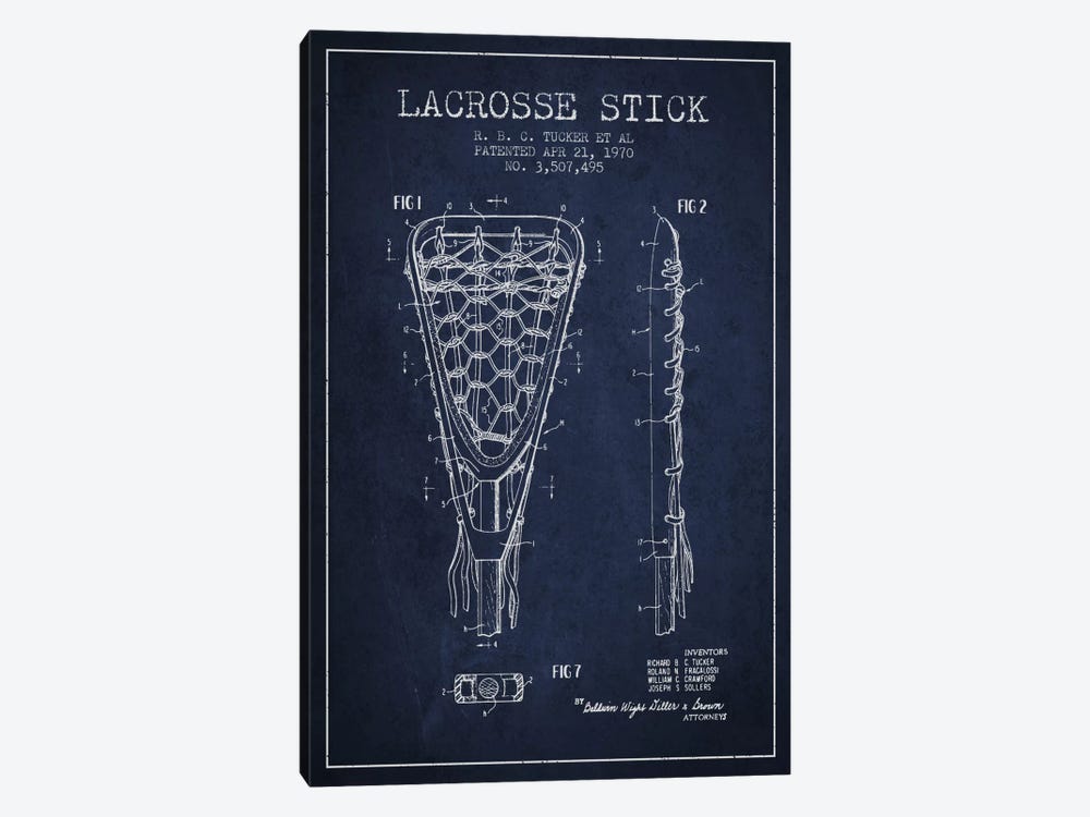 Lacrosse Stick Navy Blue Patent Blueprint by Aged Pixel 1-piece Canvas Wall Art