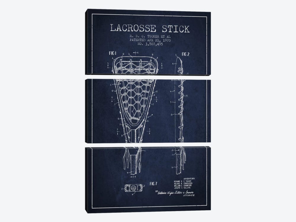 Lacrosse Stick Navy Blue Patent Blueprint by Aged Pixel 3-piece Canvas Artwork