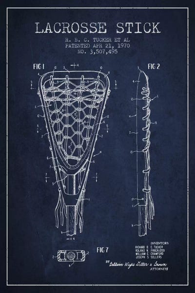 Sports Blueprints: Lacrosse Stick Navy Blue Patent Blueprint by Aged Pixel