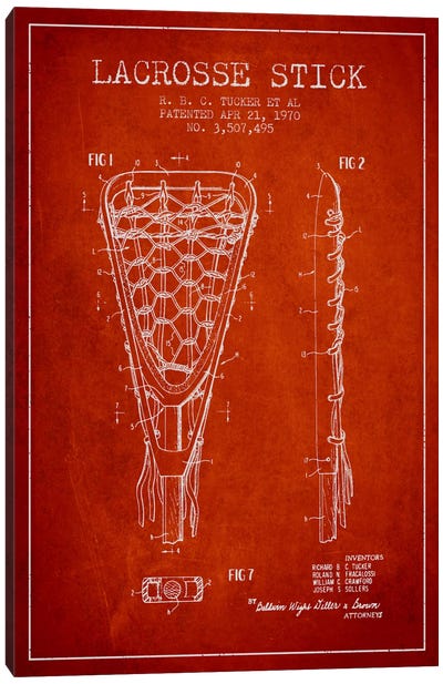 Lacrosse Stick Red Patent Blueprint Canvas Art Print - Lacrosse Art