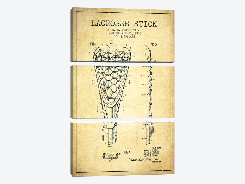 Lacrosse Stick Vintage Patent Blueprint by Aged Pixel 3-piece Canvas Art