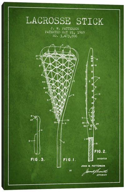 Lacrosse Stick Green Patent Blueprint Canvas Art Print - Lacrosse Art