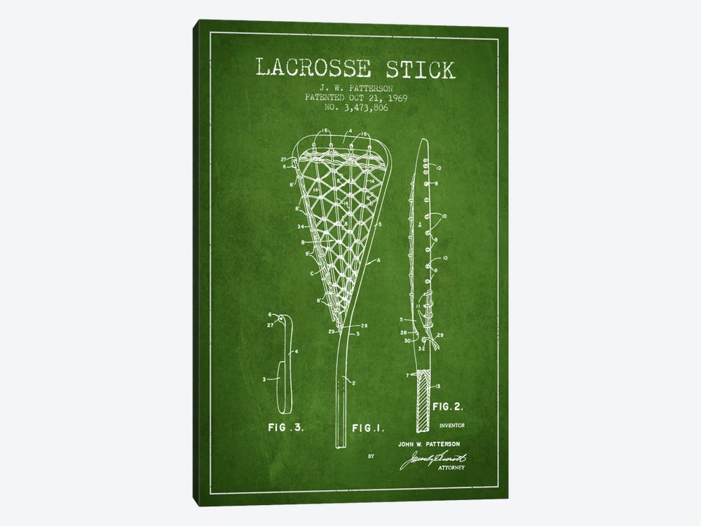Lacrosse Stick Green Patent Blueprint by Aged Pixel 1-piece Canvas Print