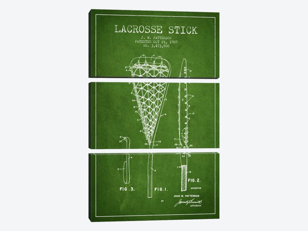 Lacrosse Stick Green Patent Blueprint by Aged Pixel 3-piece Canvas Print