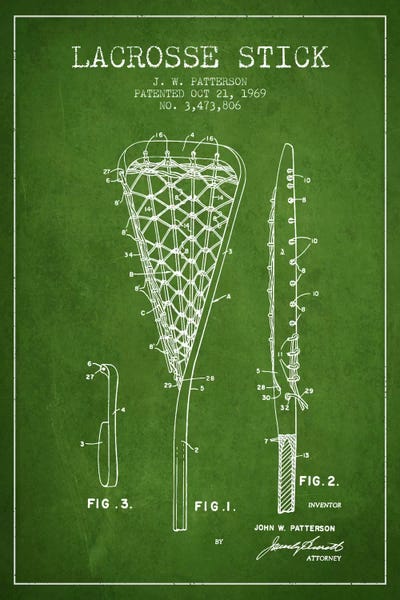 Sports Blueprints: Lacrosse Stick Green Patent Blueprint by Aged Pixel