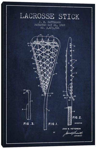 Lacrosse Stick Navy Blue Patent Blueprint Canvas Art Print - Lacrosse Art