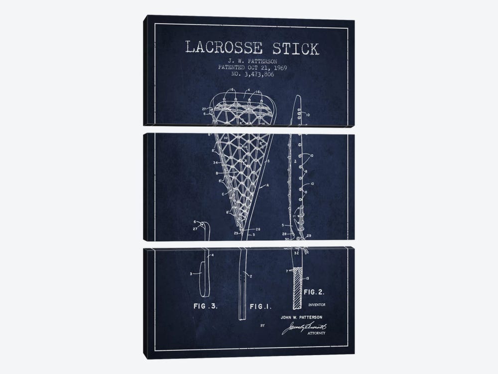 Lacrosse Stick Navy Blue Patent Blueprint by Aged Pixel 3-piece Canvas Wall Art