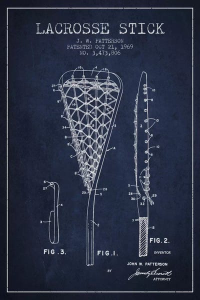 Sports Blueprints: Lacrosse Stick Navy Blue Patent Blueprint by Aged Pixel