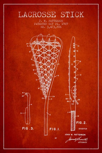 Lacrosse Stick Red Patent Blueprint by Aged Pixel art print
