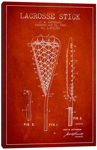 Lacrosse Stick Red Patent Blueprint Canvas Art Print - Lacrosse