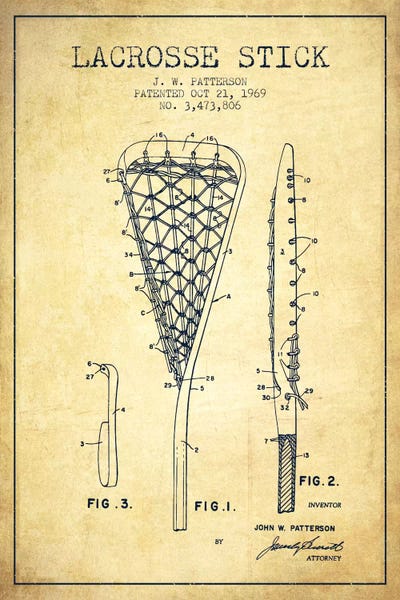 Lacrosse Stick Vintage Patent Blueprint by Aged Pixel art print
